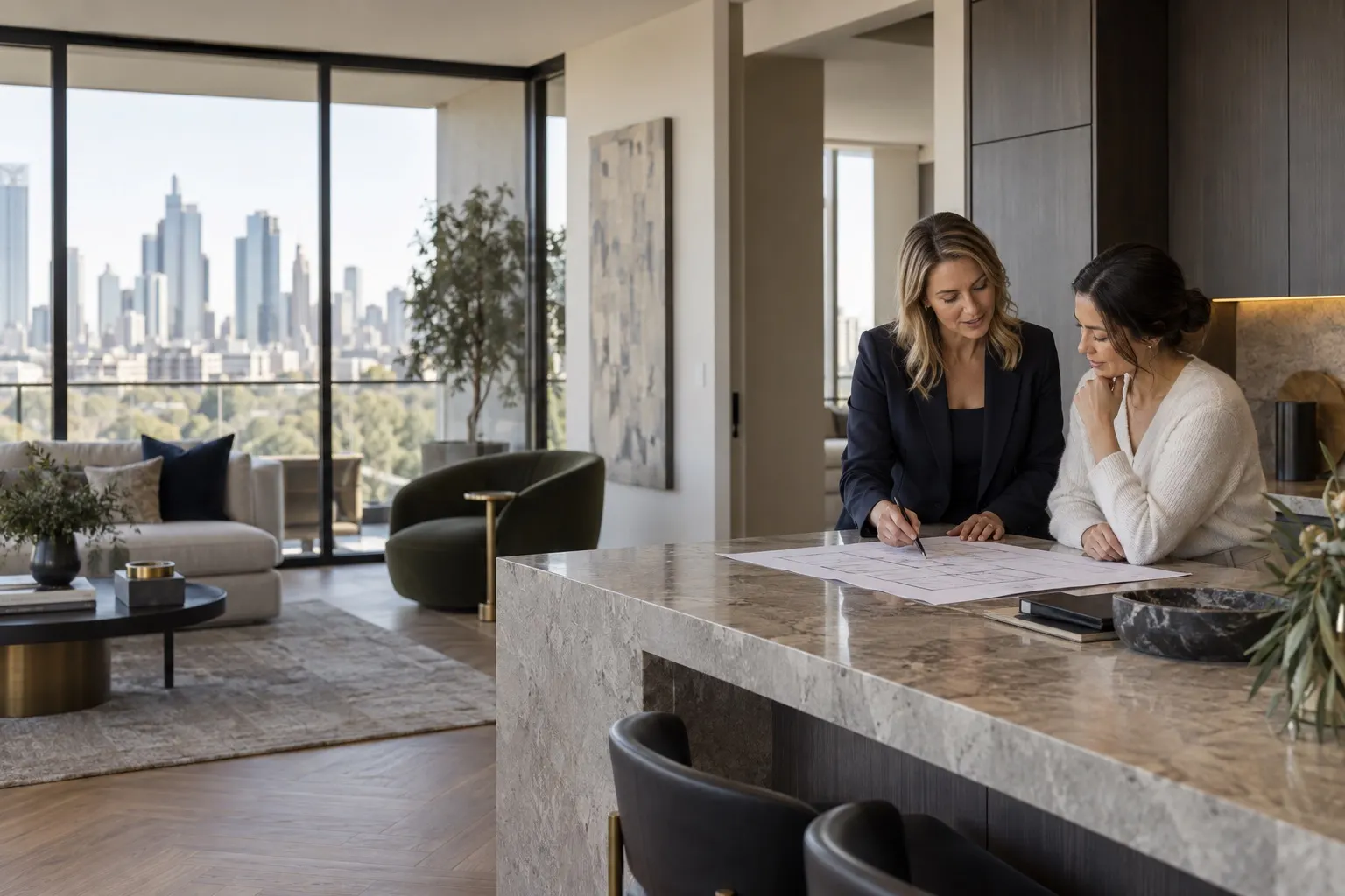 Illustrative scene of a property adviser consulting with an owner