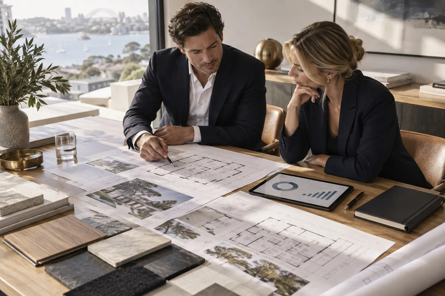 Illustrative scene of advisers discussing project marketing