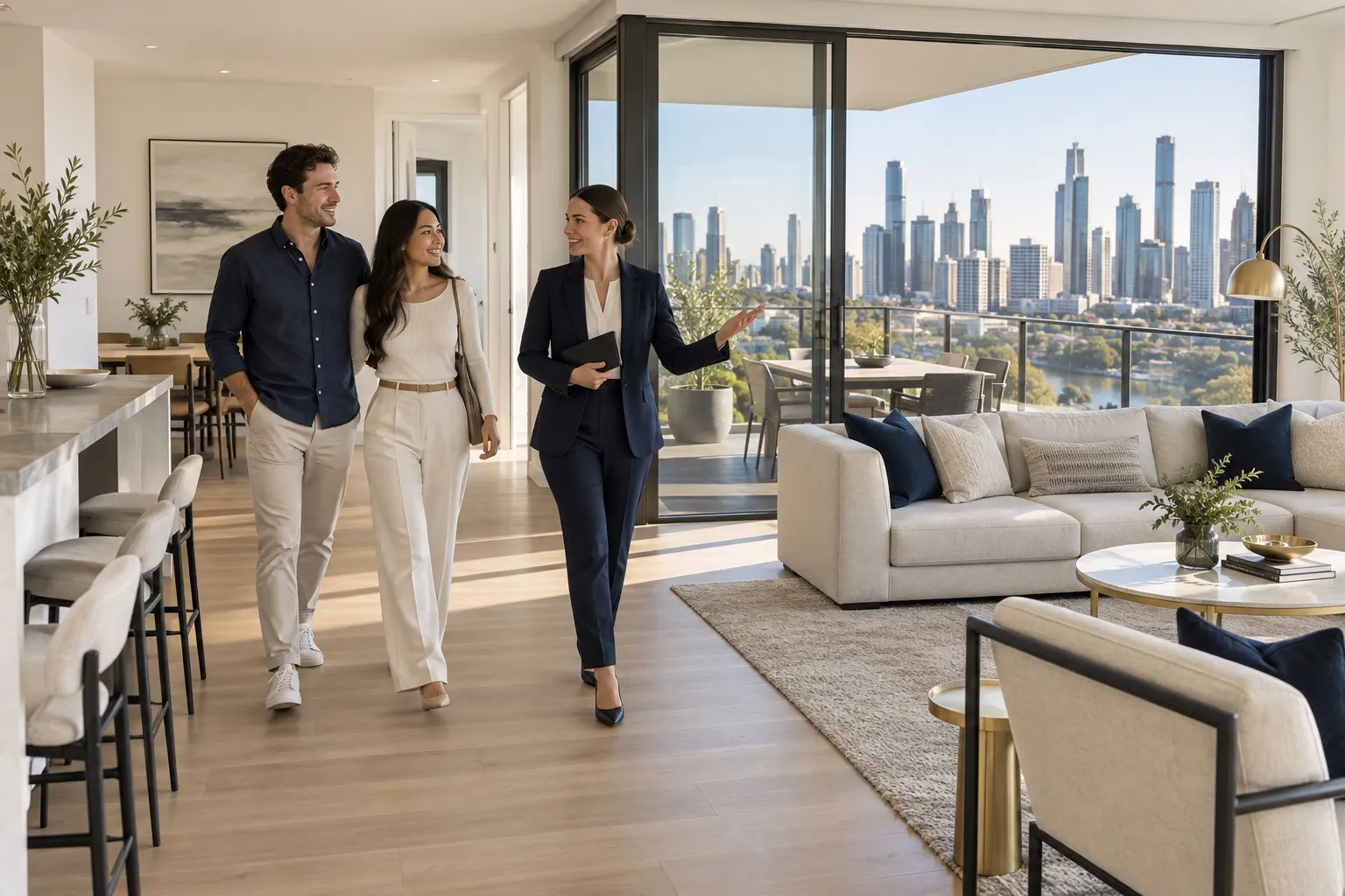 Buyers inspecting a Melbourne apartment with an adviser