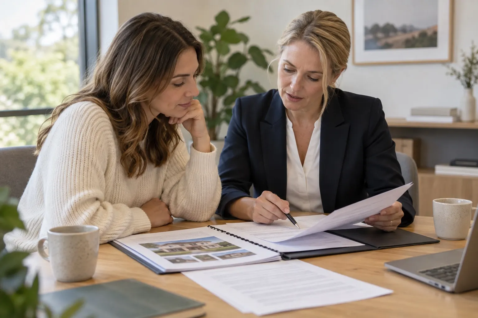 A buyer reviewing a property contract with an adviser