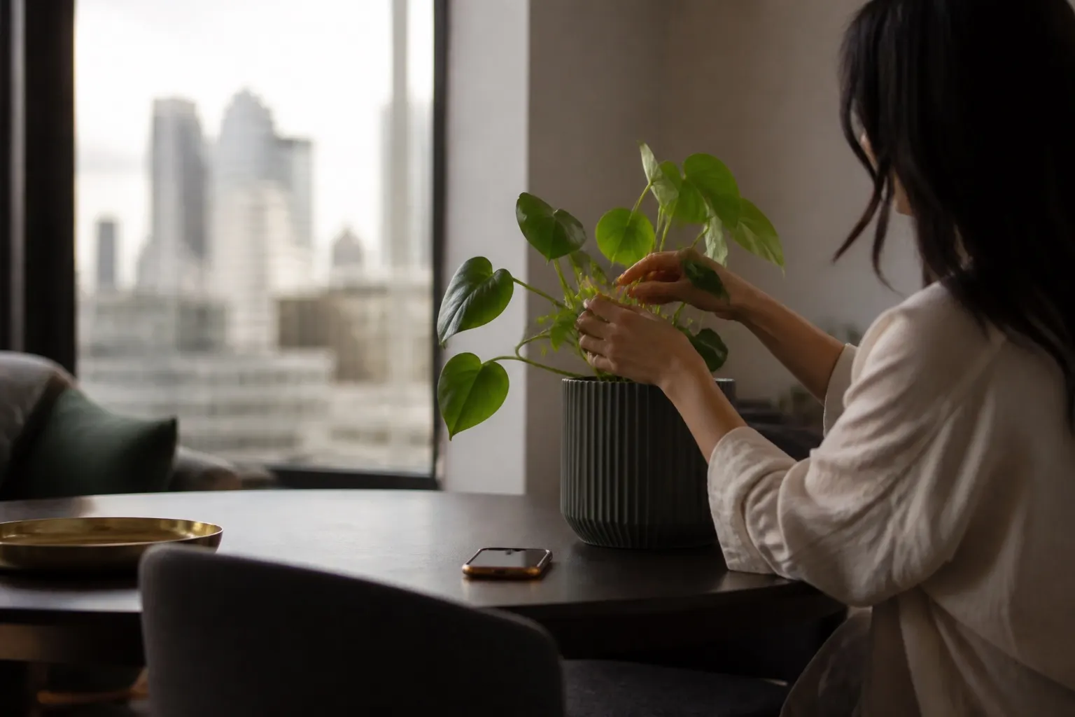 Renter caring for a Green Moment plant at home