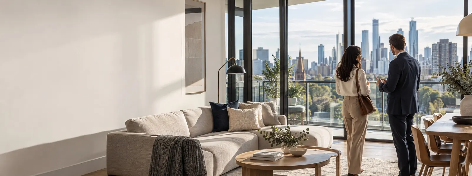A buyer viewing a contemporary Melbourne apartment with a property adviser