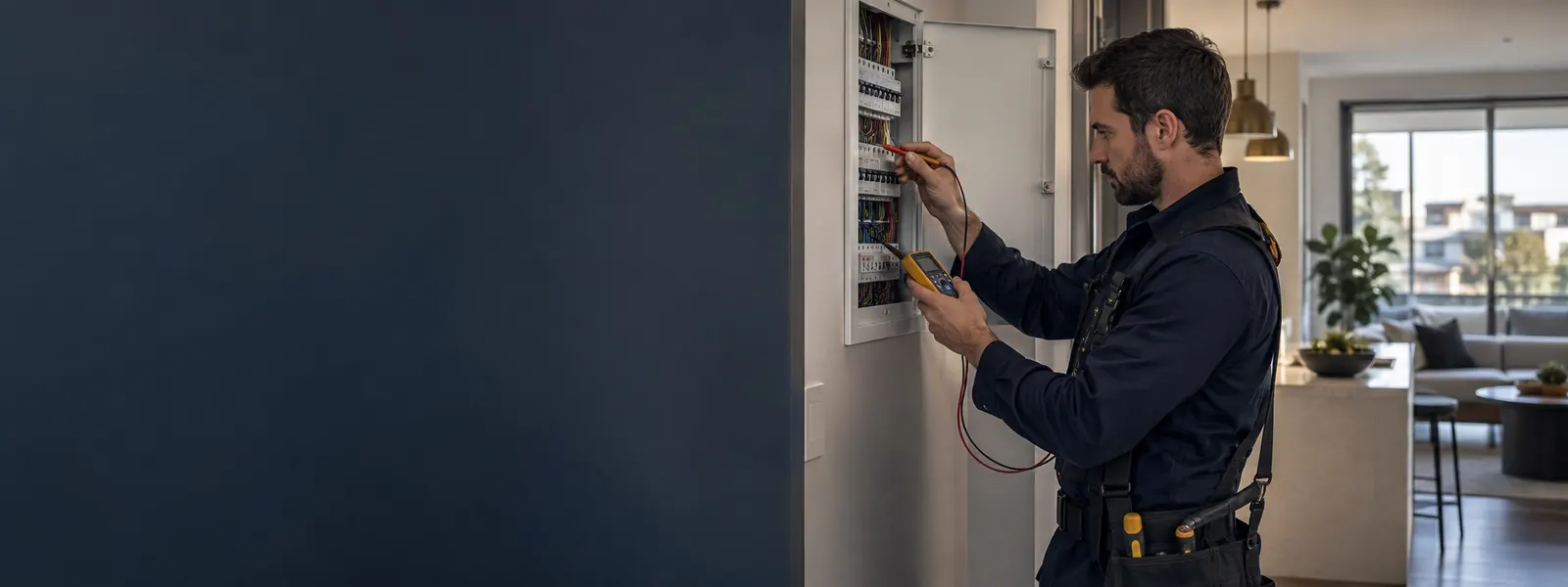 A licensed professional completing an electrical safety inspection in a rental property