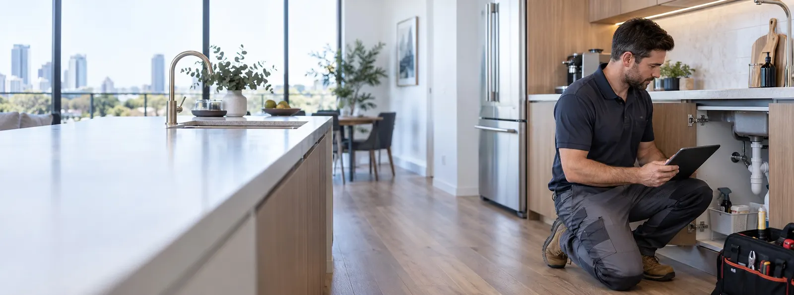A residential maintenance technician diagnosing an issue in a Melbourne apartment
